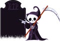 Cartoon grim reaper pointing to tombstone Royalty Free Stock Photo