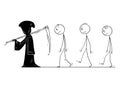 Cartoon of Grim Reaper with Scythe and Black Hood and Group of Dead Men or People Following Him