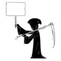 Cartoon of Grim Reaper with Scythe and Black Hood Holding Empty Sign