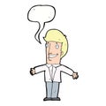 cartoon grining man with open arms with speech bubble