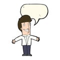 cartoon grining man with open arms with speech bubble