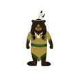 Cartoon Grizzly bear wearing in traditional native American womens dress with a band and feathers on white isolated background, Royalty Free Stock Photo