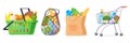 Cartoon grocery baskets. Supermarket boxes, plastic cart shop trolley with buy food, groceries store bag, charity Royalty Free Stock Photo