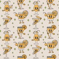 Cartoon Groovy Cocktail Characters Seamless Pattern.