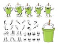 Cartoon Groovy Cup Of Milkshake, Frothy Coffee Or Smoothies Drink Character Creation Kit. Vector Hippie Plastic Mug