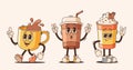 Cartoon Groovy Cups Of Drinks Lively Anthropomorphic Personages. Chill Tea, Jazzy Coffee And Funky Latte Beverage Mugs