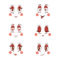 Cartoon groovy faces. Different emotions of the eyes and mouth. Groovy retro cartoon lovely heart sticker, patch