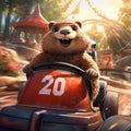 Cartoon Groundhog in a go-kart with the letter 20