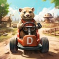 Cartoon Groundhog in a go-kart with the letter D