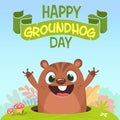 Cartoon groundhog marmot looking out of a burrow in a meadow with green grass background. Happy groundhog day. Vector illustration Royalty Free Stock Photo