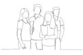 Cartoon of group of asian friends standing and posing in front of campus. One continuous line art style
