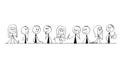 Cartoon of Group of Business People, Businessmen or Businesswomen Thinking During Brainstorming