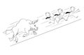 Cartoon of Group of Businessmen Running Uphill Away From Angry Bull as Rising Market Prices Symbol