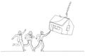 Cartoon of group of businesswoman try to get house bait on fishing hook. Single continuous line art