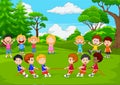 Cartoon group of children playing tug of war in the park