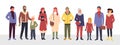 Cartoon group of cute man woman kid characters in trendy outerwear standing in row, wearing warm coat and boots, scarf