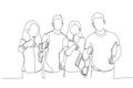 Cartoon of group of friends smiling with thumb up denoting success. One line art style