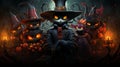 A cartoon of a group of halloween cats with glowing eyes stares mysteriously