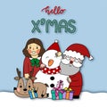 Group of Merry Christmas items with Santa Clause, snow man, rein deer and the girl with hello Christmas word background