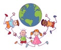Cartoon of group multiethnic joyful and happy smiling children holding hands in a circle around the Earth. Cute kids in doodle