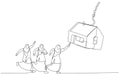 Cartoon of group of muslim woman try to get house bait on fishing hook. Single continuous line art style