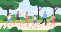 Cartoon group of people jogging in city park, race competition. Outdoor run exercise. Men and women athletes running