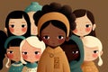 Cartoon of a group of young diverse multiracial boy and girl children