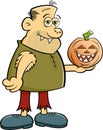 Cartoon gruesome character holding a jack o lantern pumpkin.