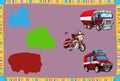 Cartoon guessing game for little kids with colorful fireman vehicles connecting pairs