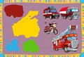 Cartoon guessing game for little kids with colorful fireman vehicles connecting pairs