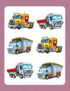 Cartoon guessing game for little kids with colorful industry cars joining pairs