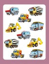 Cartoon guessing game for little kids with colorful industry cars joining pairs