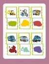 Cartoon guessing game for little kids with colorful industry and police vehicles