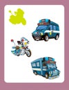 Cartoon guessing game for little kids with colorful police vehicles