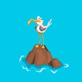 Cartoon gull. Comic seagull on stone. Crazy bird character. Funny poster with isolated seabird.