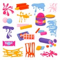 Cartoon gum splashes pink slime. Chewing gums isolated splash. Chews sticky, sweet colorful candies. Children bubblegum