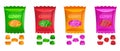 Cartoon gummy sweets packages. Colorful jelly gum candies. Different shapes and flavors. Juicy fruits marmalade. Chewing Royalty Free Stock Photo