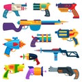 Cartoon gun vector toy blaster for kids game with handgun and raygun of aliens in space illustration set of child Royalty Free Stock Photo