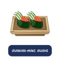 cartoon gunkan-maki sushi, japanese food vector isolated on white background