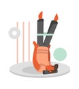 Cartoon guy doing stretching exercise on his feet lying on floor vector
