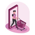 Cartoon guy goes out with shopping cart from mobile phone vector