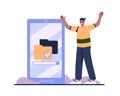 Cartoon guy happy with successful completion work of phone in folders vector Royalty Free Stock Photo