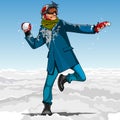 Cartoon guy hipster playing snowballs in winter