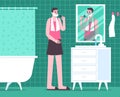 Cartoon guy shaves. Man in bathroom in front of mirror. Hygienic morning procedures. Facial skin hair removal. Beard Royalty Free Stock Photo