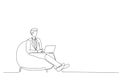 Cartoon of guy sitting in bag chair typing writing email, home office, copy space.