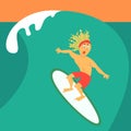Cartoon guy surfing on his surfboard.