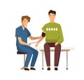 Cartoon guy visited doctor to measure blood pressure vector flat illustration. Friendly male physician during aid