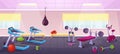 Cartoon gym interior with fitness equipment, city training club. Empty sport room with bench press, treadmill, dumbbells