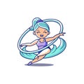 Cartoon gymnast performing with rhythmic ribbon in elegant posture Royalty Free Stock Photo