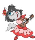 Cartoon gypsy cat with a red dress playing guitar and singing vector illustration